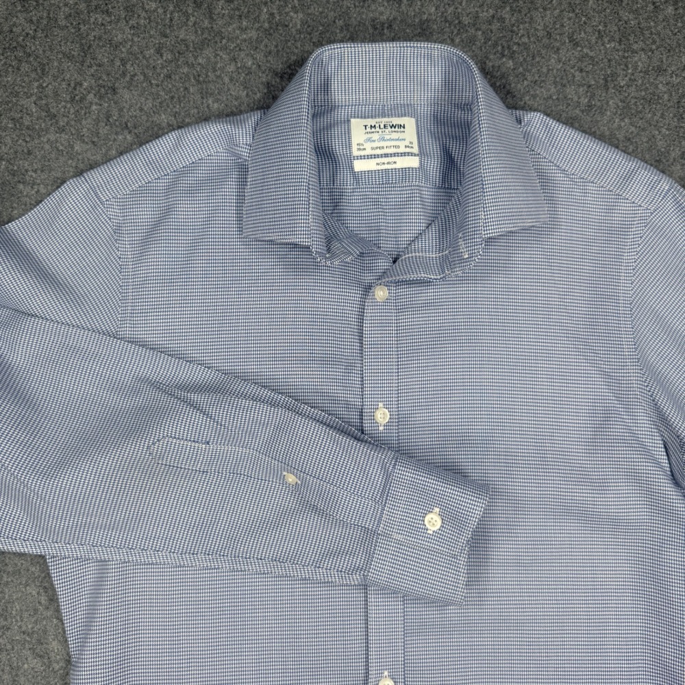 TM Lewin Super Fitted Non-Iron Blue Houndstooth Dress Shirt 15.5 33 39cm 84cm